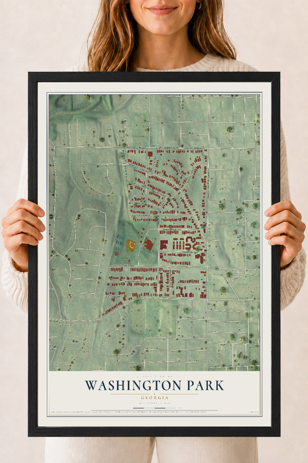 Washington Park, Georgia map print, 18" x 24" W/ Black Ayous Wood Frame mockup