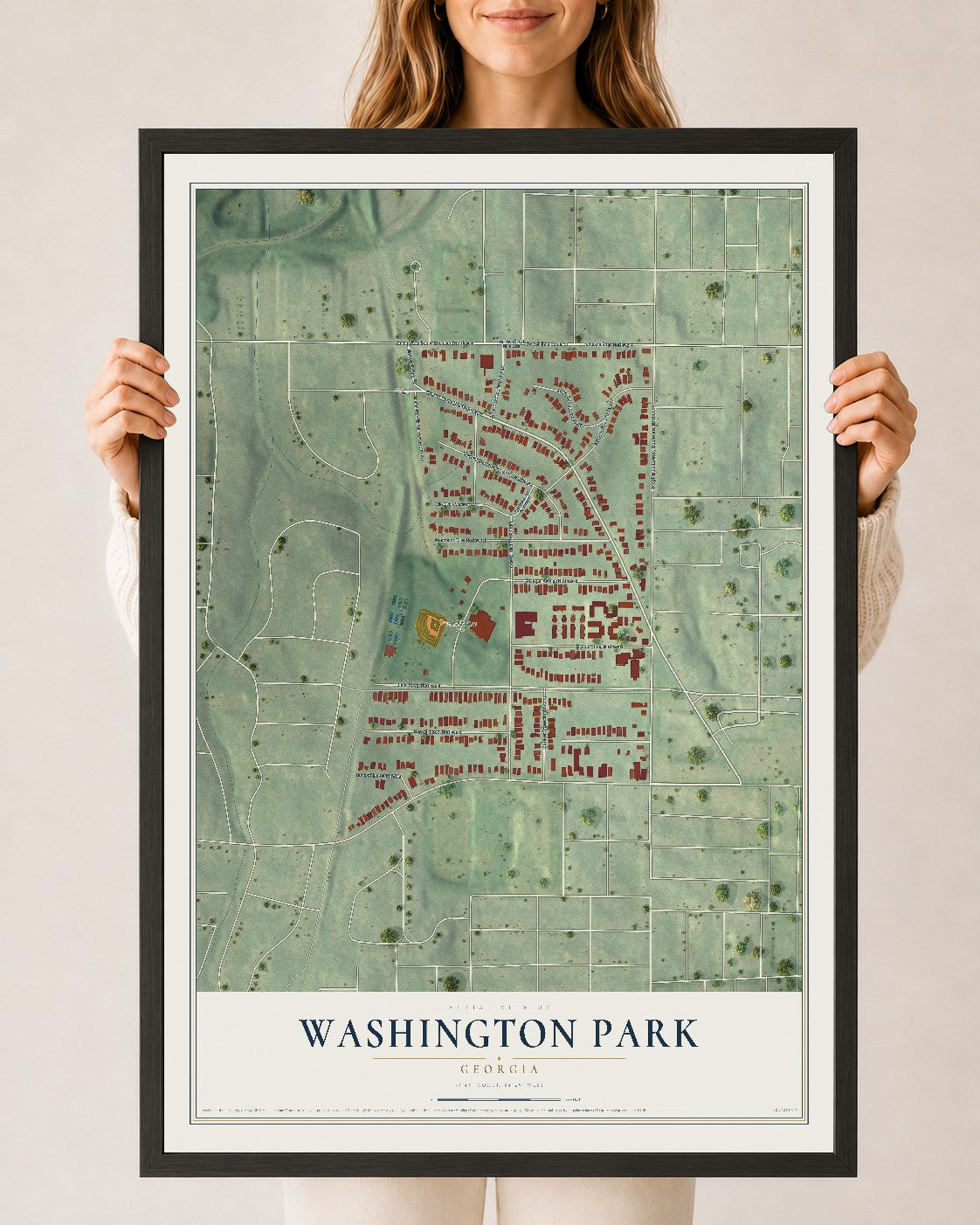 Washington Park, Georgia map print, 24" x 36" W/ Black Ayous Wood Frame mockup