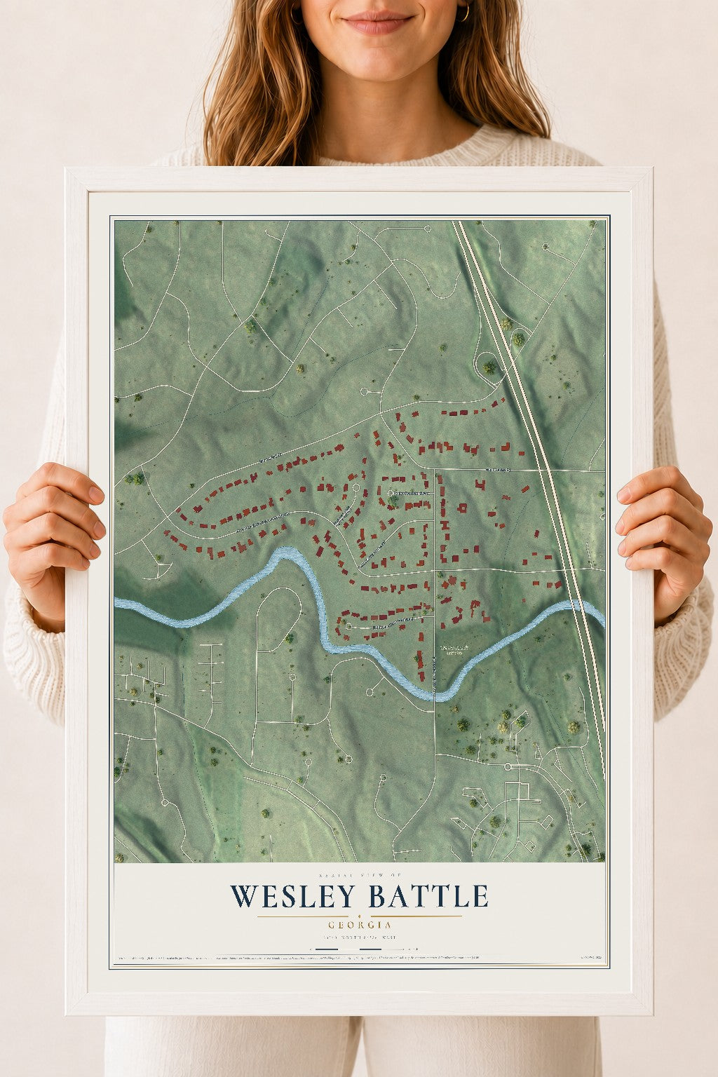 Wesley Battle, Georgia map print, 18" x 24" W/ White Ayous Wood Frame mockup