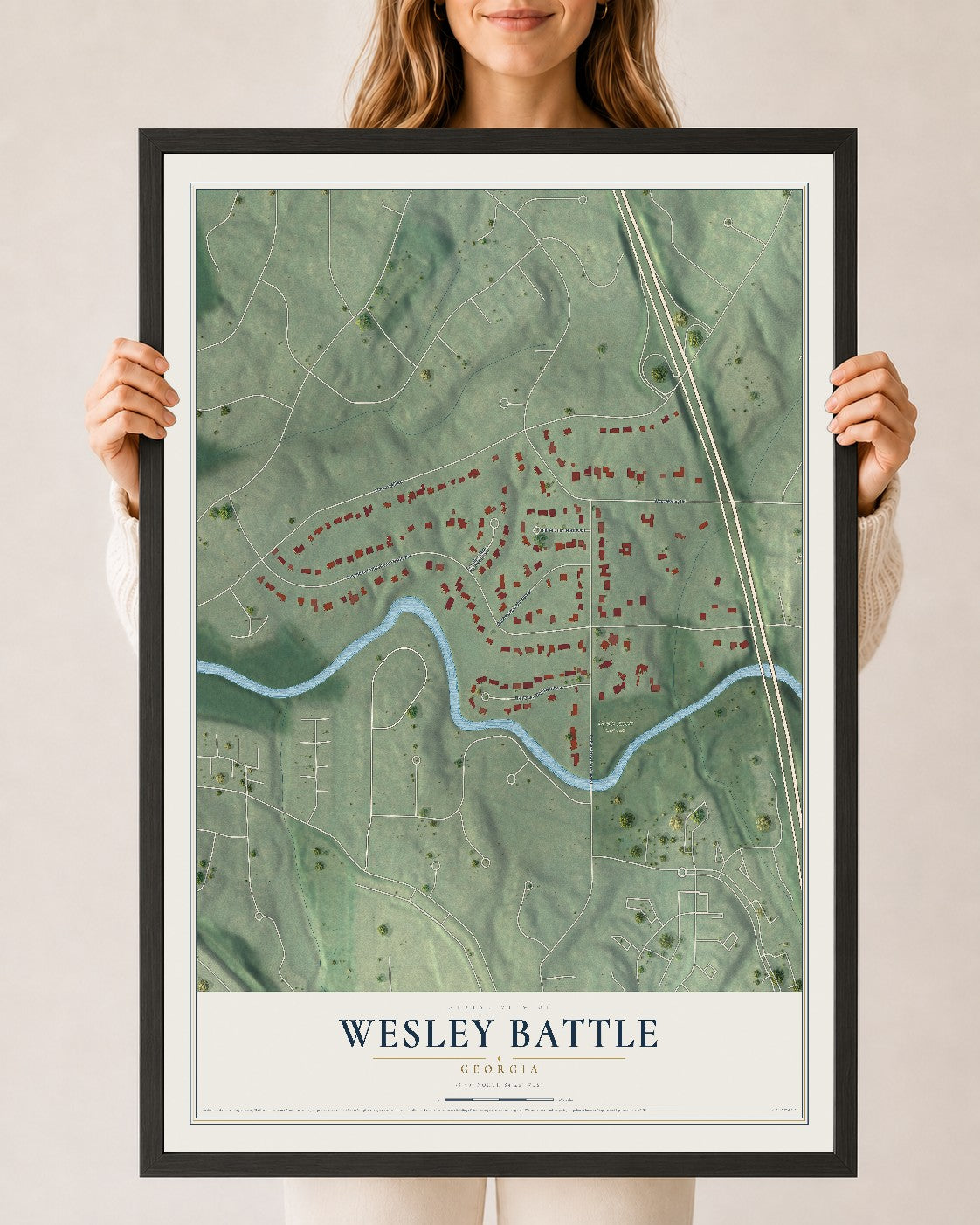 Wesley Battle, Georgia map print, 24" x 36" W/ Black Ayous Wood Frame mockup