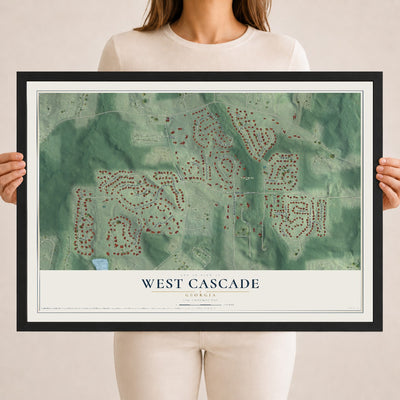 West Cascade, Georgia map print, 18" x 24" W/ Black Ayous Wood Frame mockup