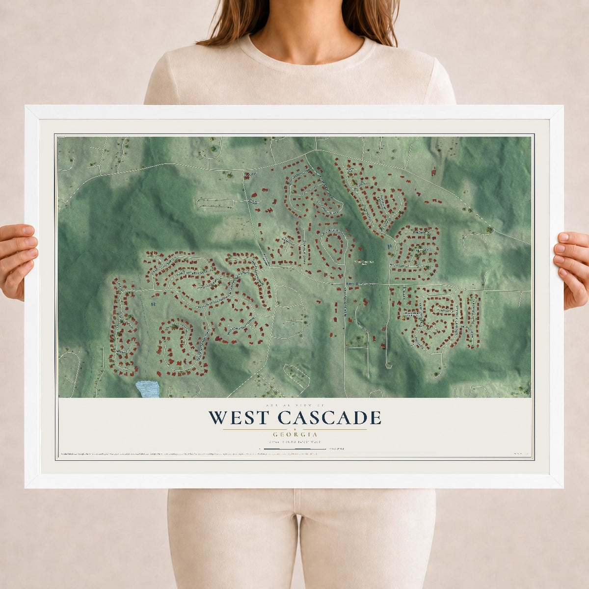 West Cascade, Georgia map print, 18" x 24" W/ White Ayous Wood Frame mockup
