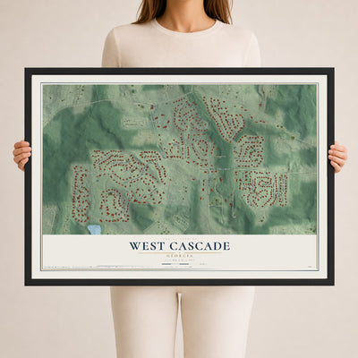 West Cascade, Georgia map print, 24" x 36" W/ Black Ayous Wood Frame mockup