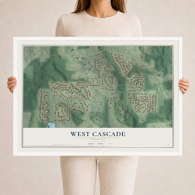 West Cascade, Georgia map print, 24" x 36" W/ White Ayous Wood Frame mockup