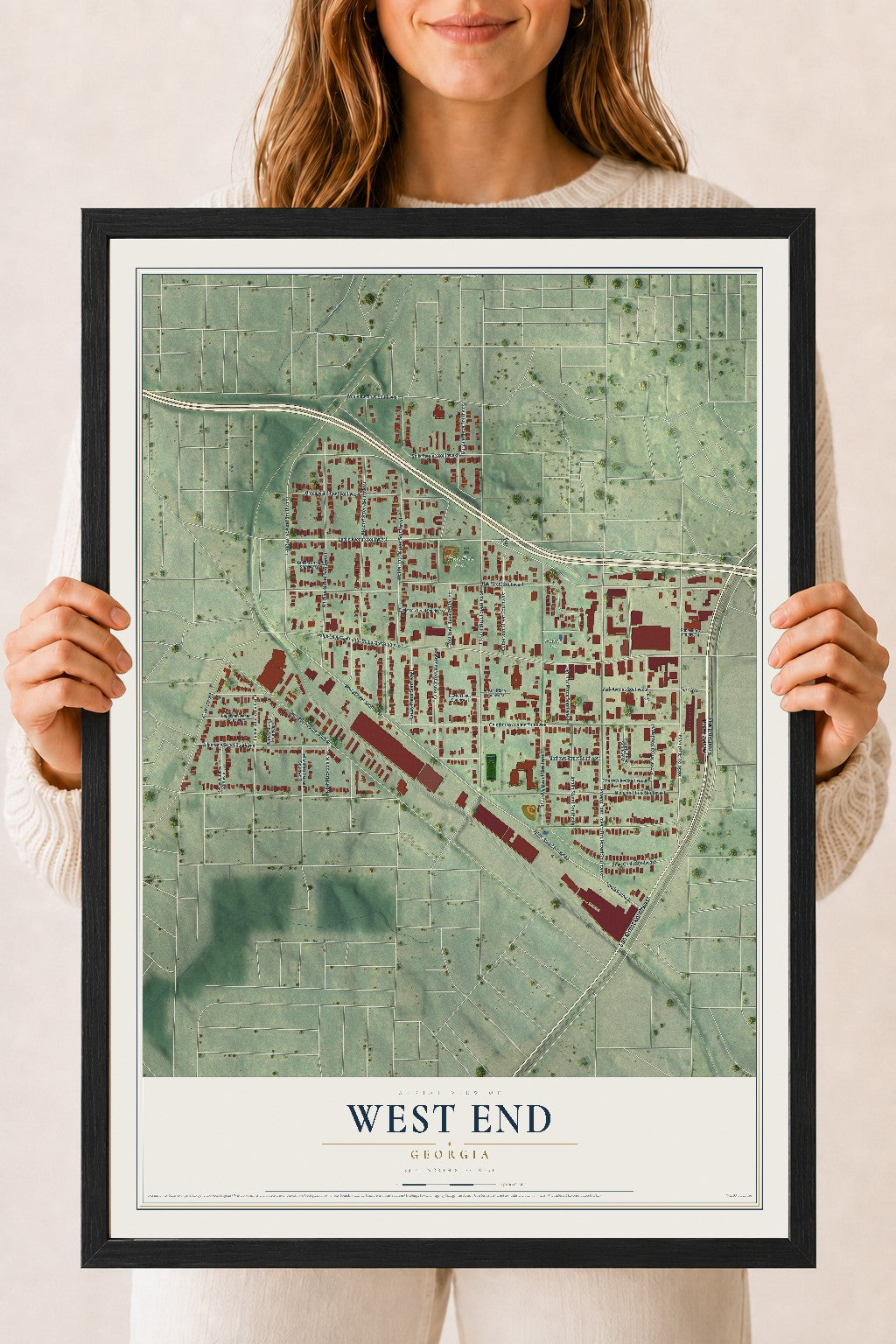 West End, Georgia map print, 18" x 24" W/ Black Ayous Wood Frame mockup