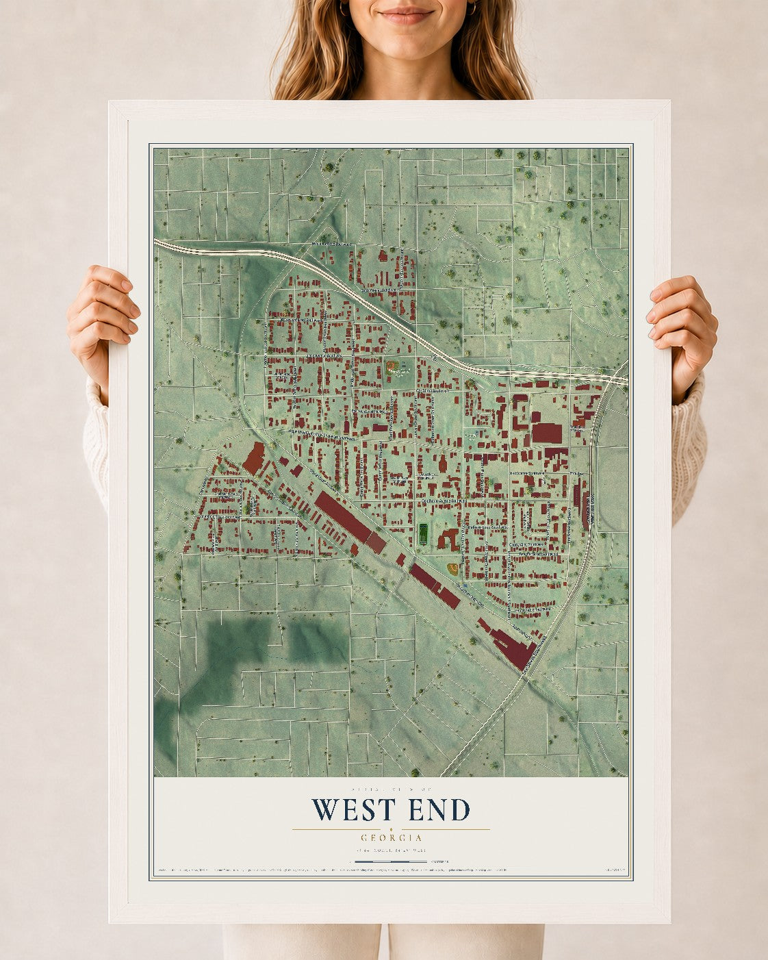 West End, Georgia map print, 24" x 36" W/ White Ayous Wood Frame mockup