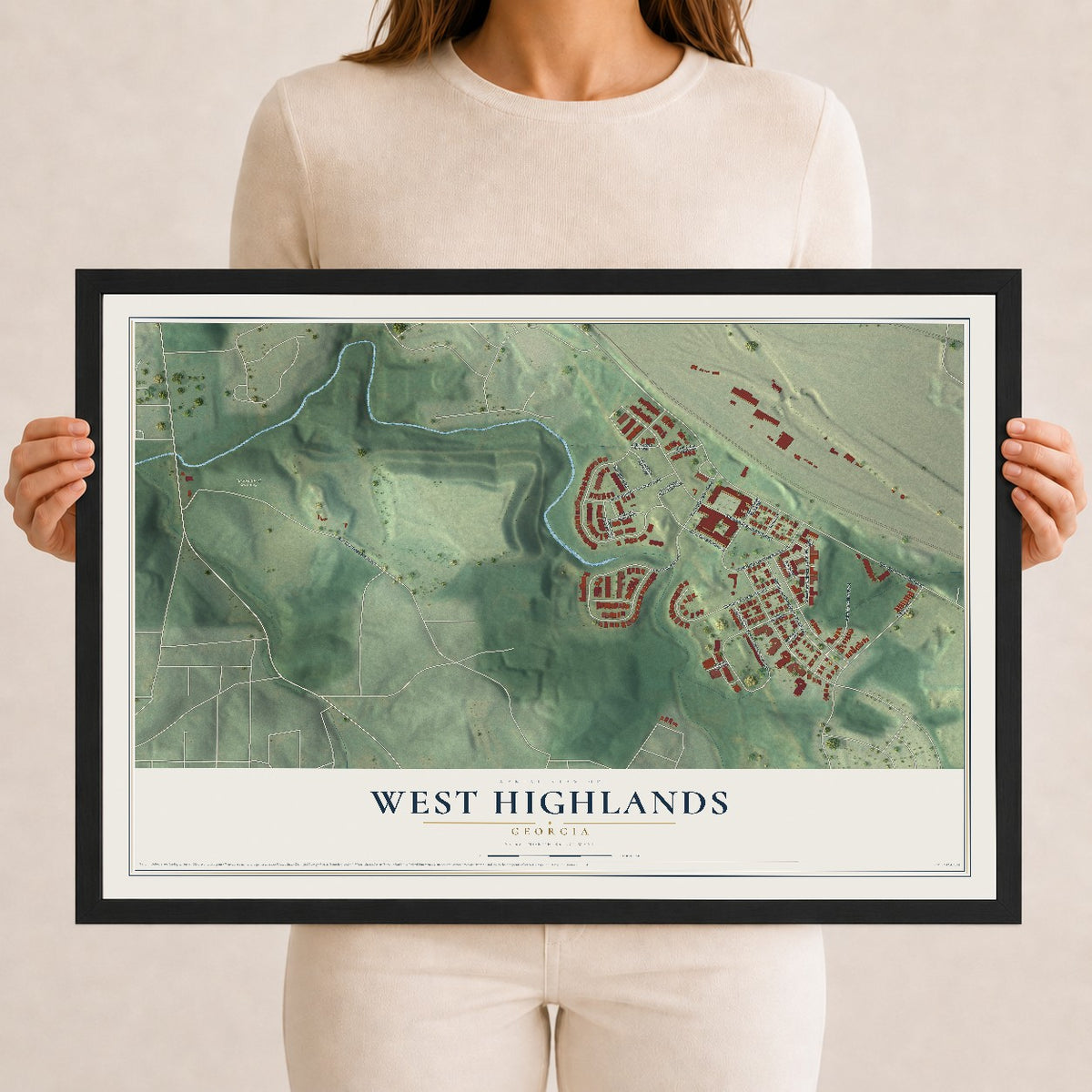West Highlands, Georgia map print, 12" x 18" W/ Black Ayous Wood Frame mockup
