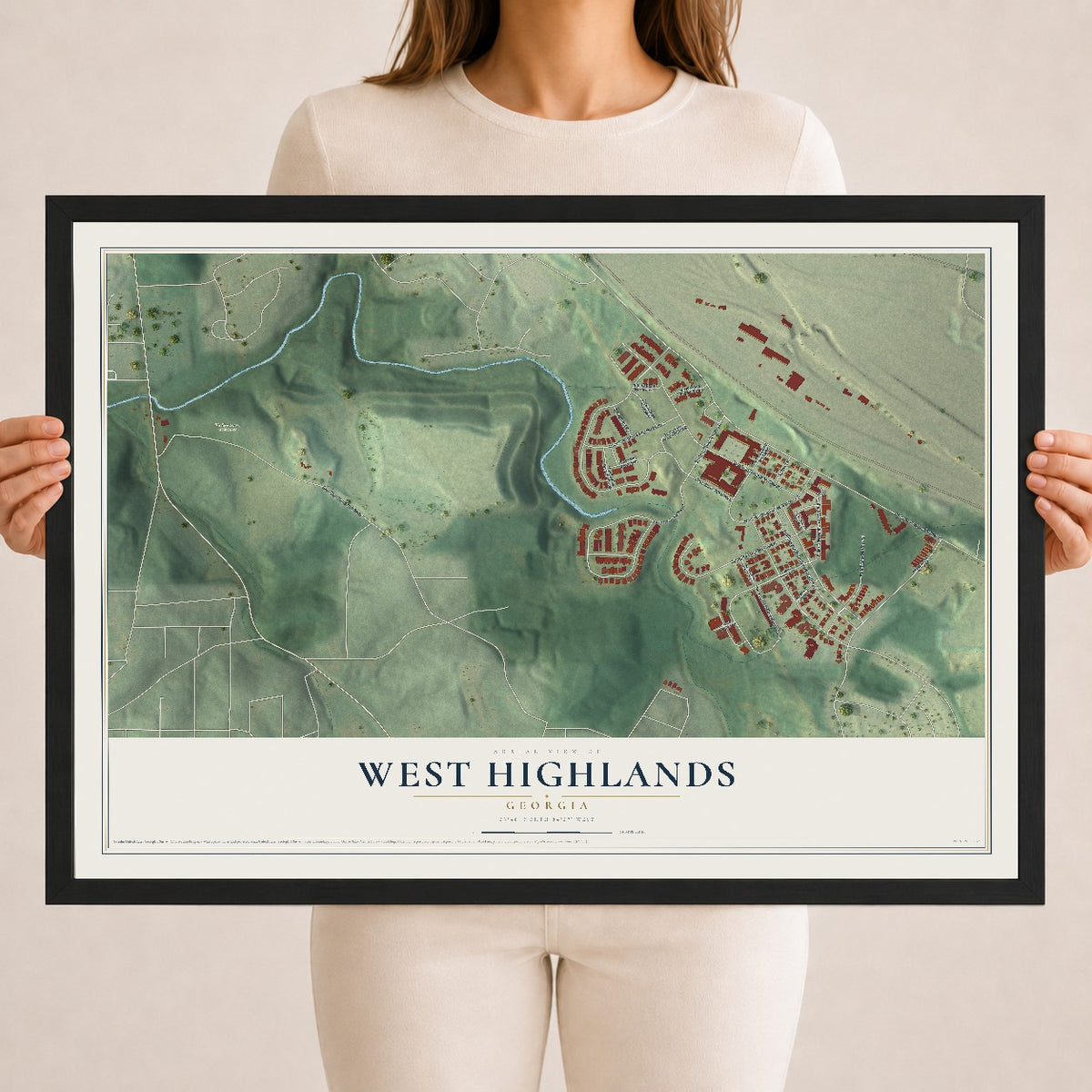West Highlands, Georgia map print, 18" x 24" W/ Black Ayous Wood Frame mockup