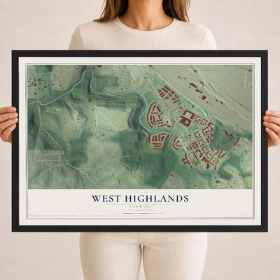 West Highlands, Georgia map print, 18" x 24" W/ Black Ayous Wood Frame mockup