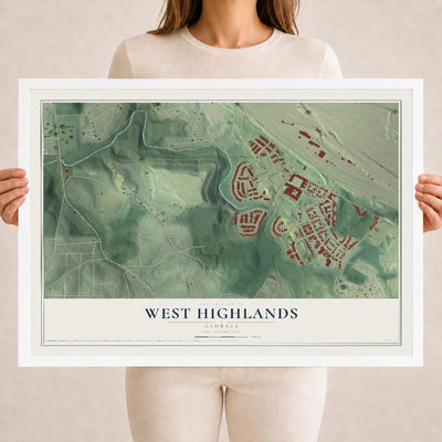 West Highlands, Georgia map print, 18" x 24" W/ White Ayous Wood Frame mockup