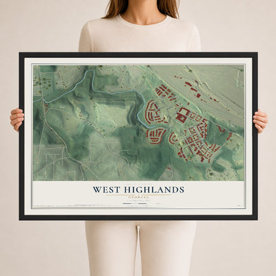 West Highlands, Georgia map print, 24" x 36" W/ Black Ayous Wood Frame mockup