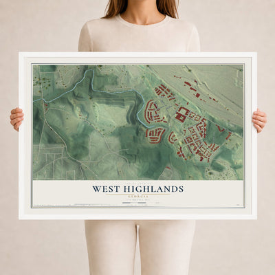 West Highlands, Georgia map print, 24" x 36" W/ White Ayous Wood Frame mockup