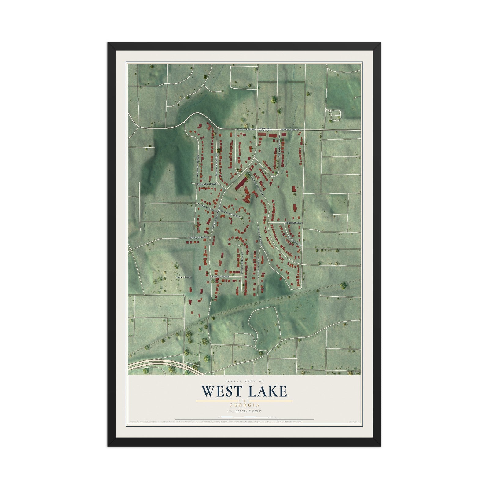 West Lake, Georgia map print, 12" x 18" W/ Black Ayous Wood Frame mockup
