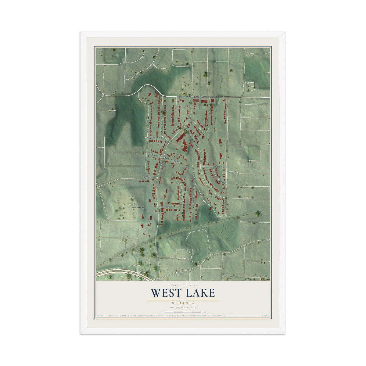 West Lake, Georgia map print, 12" x 18" W/ White Ayous Wood Frame mockup