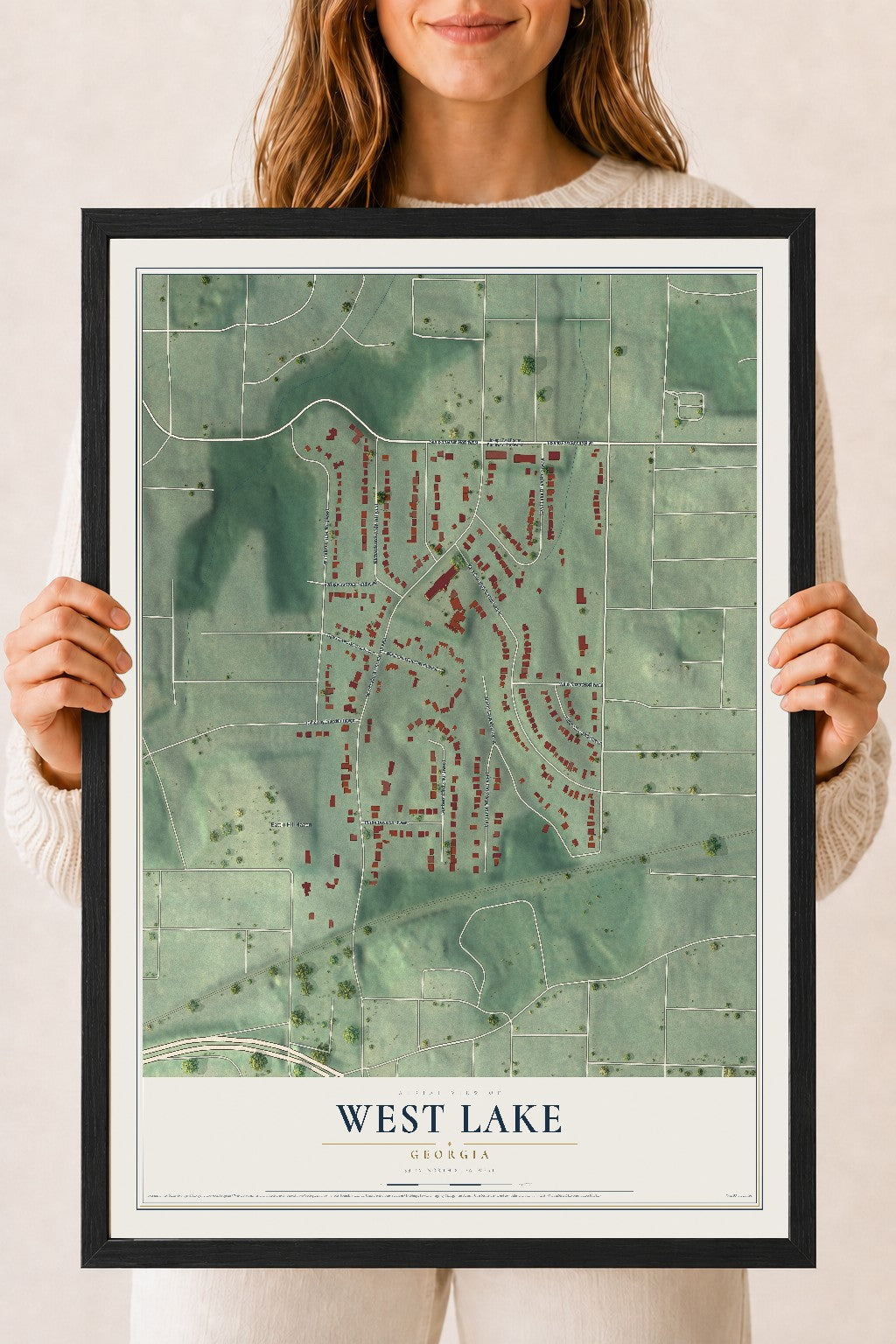West Lake, Georgia map print, 18" x 24" W/ Black Ayous Wood Frame mockup