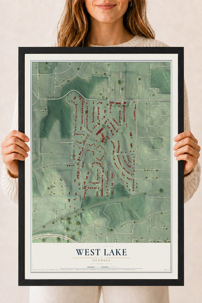 West Lake, Georgia map print, 18" x 24" W/ Black Ayous Wood Frame mockup