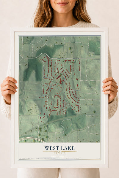 West Lake, Georgia map print, 18" x 24" W/ White Ayous Wood Frame mockup