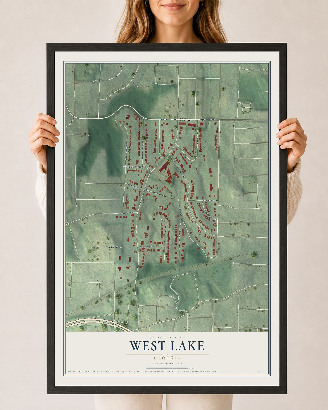 West Lake, Georgia map print, 24" x 36" W/ Black Ayous Wood Frame mockup