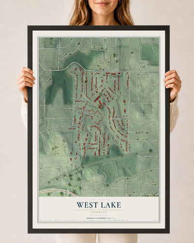 West Lake, Georgia map print, 24" x 36" W/ Black Ayous Wood Frame mockup