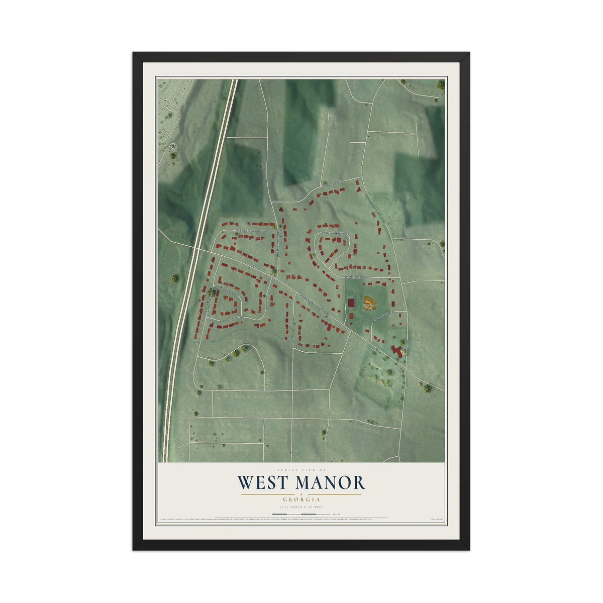 West Manor, Georgia map print, 12" x 18" W/ Black Ayous Wood Frame mockup