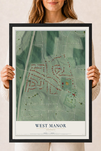 West Manor, Georgia map print, 18" x 24" W/ Black Ayous Wood Frame mockup