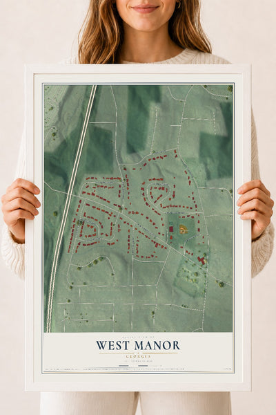 West Manor, Georgia map print, 18" x 24" W/ White Ayous Wood Frame mockup