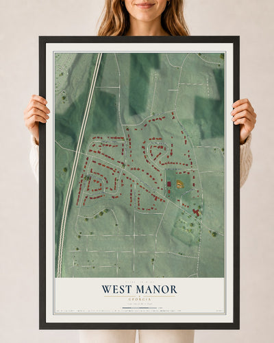 West Manor, Georgia map print, 24" x 36" W/ Black Ayous Wood Frame mockup