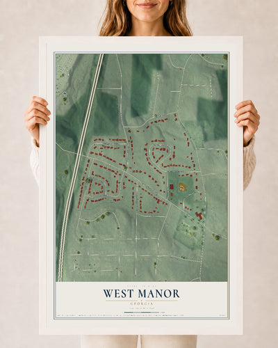 West Manor, Georgia map print, 24" x 36" W/ White Ayous Wood Frame mockup