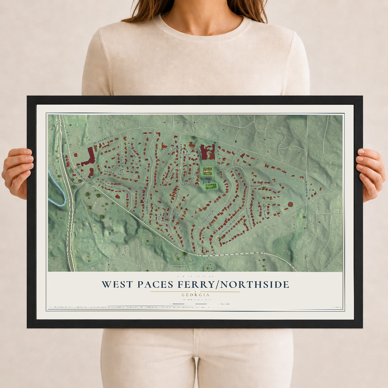 West Paces Ferry-Northside, Georgia map print, 12" x 18" W/ Black Ayous Wood Frame mockup