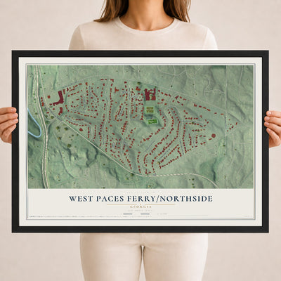 West Paces Ferry-Northside, Georgia map print, 18" x 24" W/ Black Ayous Wood Frame mockup