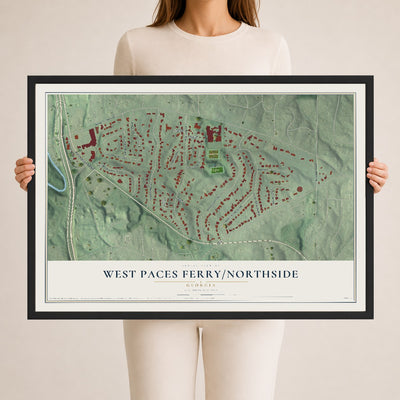 West Paces Ferry-Northside, Georgia map print, 24" x 36" W/ Black Ayous Wood Frame mockup