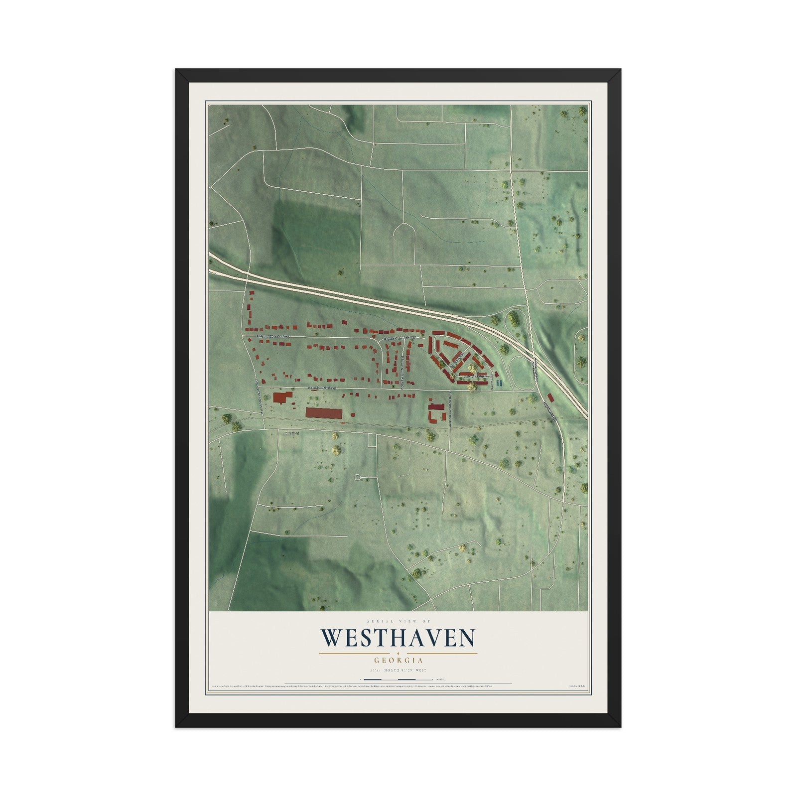 Westhaven, Georgia map print, 12" x 18" W/ Black Ayous Wood Frame mockup