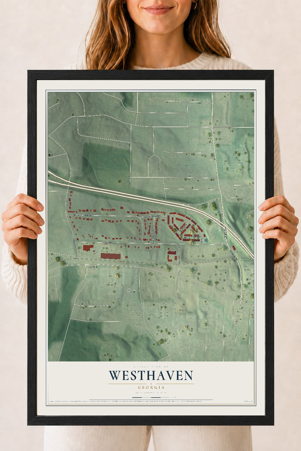 Westhaven, Georgia map print, 18" x 24" W/ Black Ayous Wood Frame mockup
