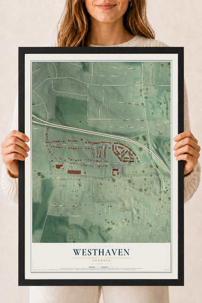 Westhaven, Georgia map print, 18" x 24" W/ Black Ayous Wood Frame mockup