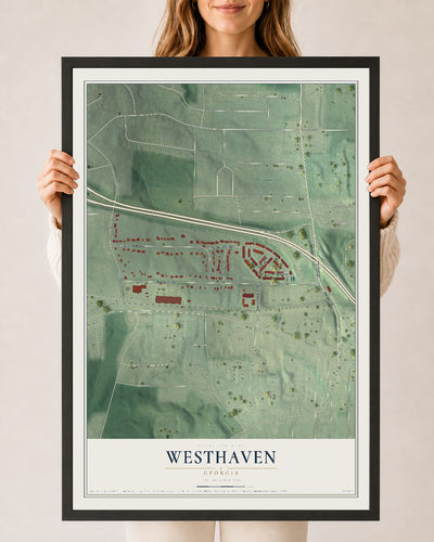 Westhaven, Georgia map print, 24" x 36" W/ Black Ayous Wood Frame mockup