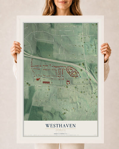Westhaven, Georgia map print, 24" x 36" W/ White Ayous Wood Frame mockup