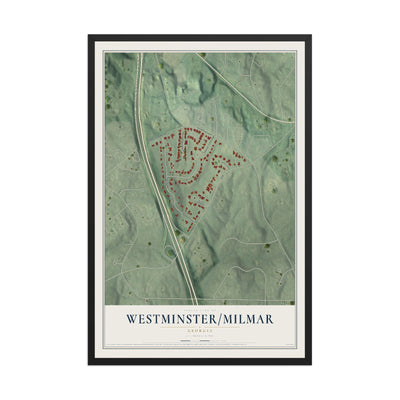 Westminster-Milmar, Georgia map print, 12" x 18" W/ Black Ayous Wood Frame mockup