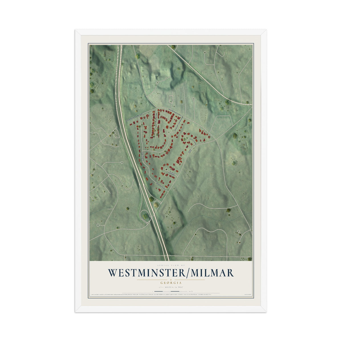 Westminster-Milmar, Georgia map print, 12" x 18" W/ White Ayous Wood Frame mockup