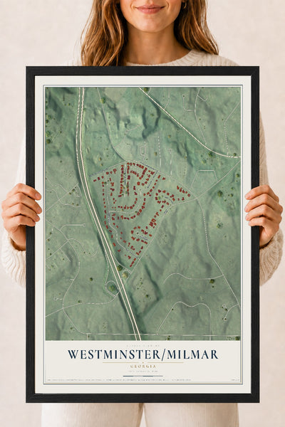 Westminster-Milmar, Georgia map print, 18" x 24" W/ Black Ayous Wood Frame mockup