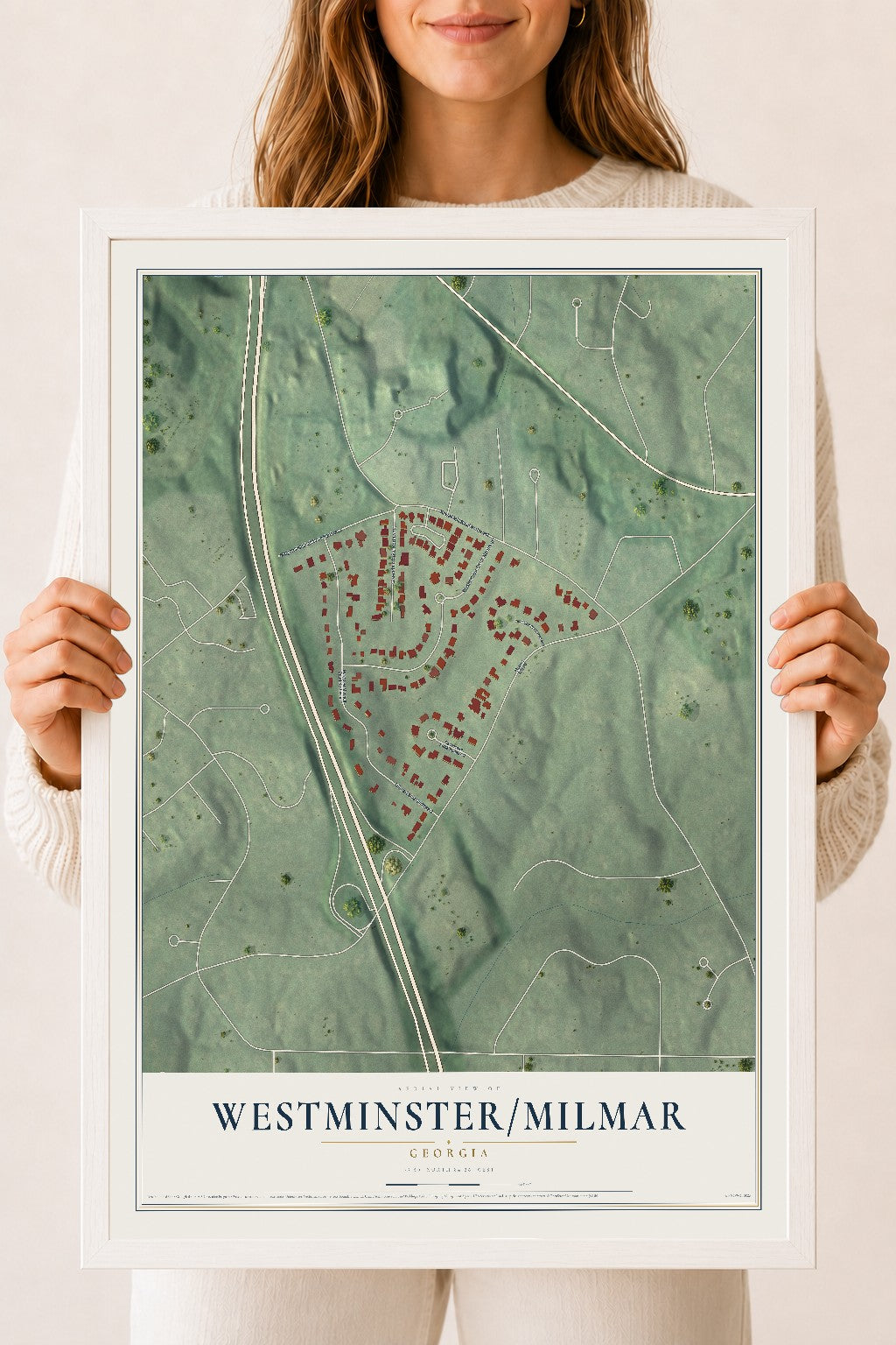 Westminster-Milmar, Georgia map print, 18" x 24" W/ White Ayous Wood Frame mockup