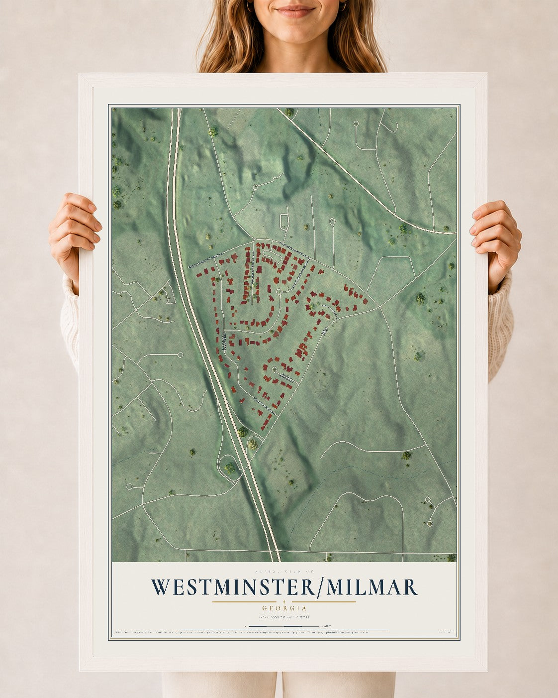 Westminster-Milmar, Georgia map print, 24" x 36" W/ White Ayous Wood Frame mockup