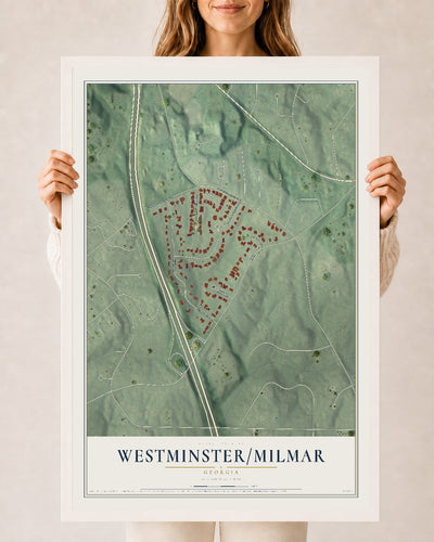 Westminster-Milmar, Georgia map print, 24" x 36" W/ White Ayous Wood Frame mockup
