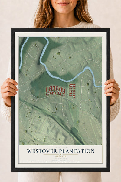 Westover Plantation, Georgia map print, 18" x 24" W/ Black Ayous Wood Frame mockup