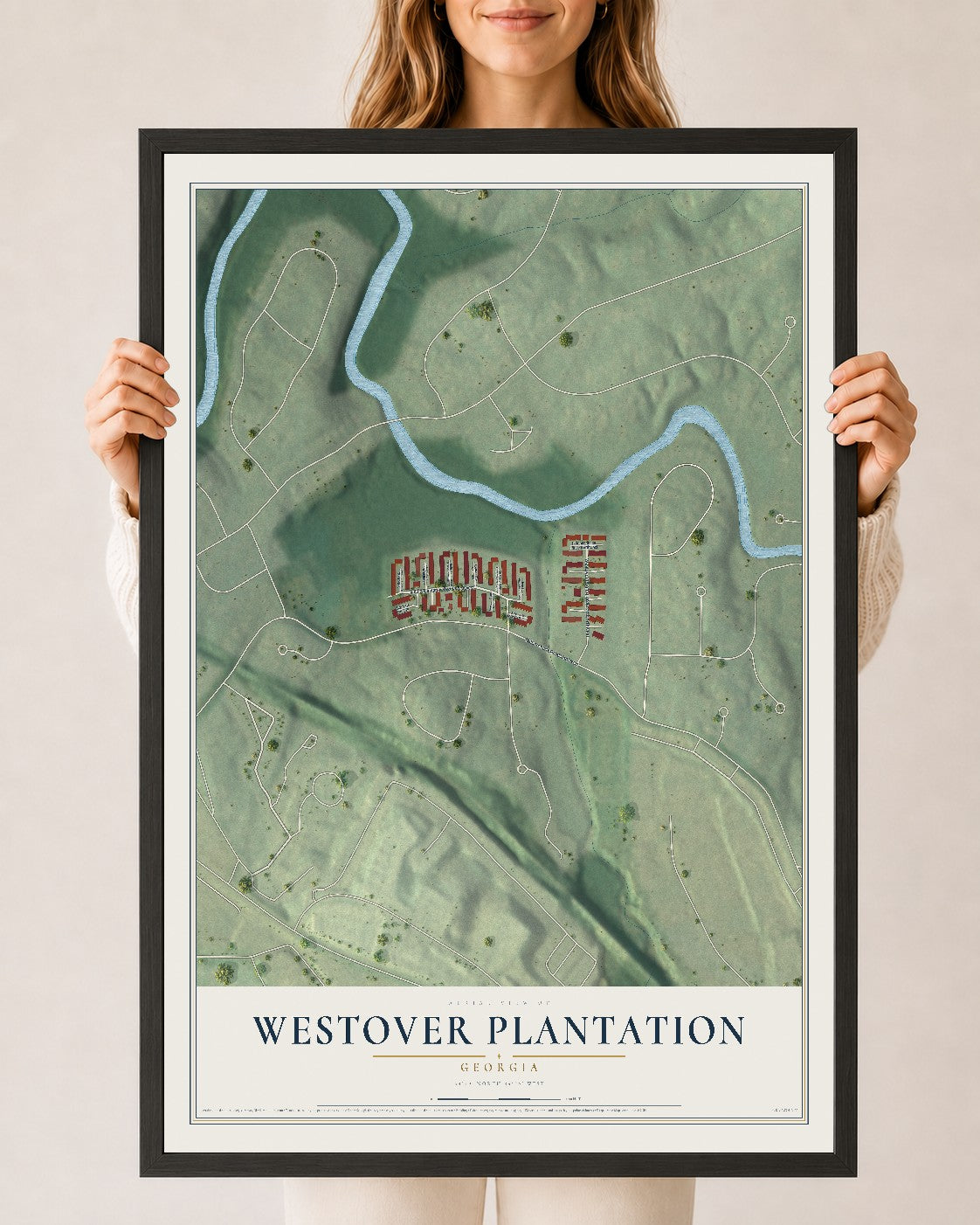 Westover Plantation, Georgia map print, 24" x 36" W/ Black Ayous Wood Frame mockup