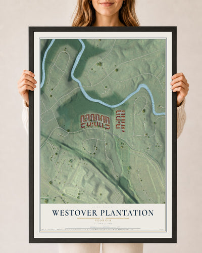 Westover Plantation, Georgia map print, 24" x 36" W/ Black Ayous Wood Frame mockup