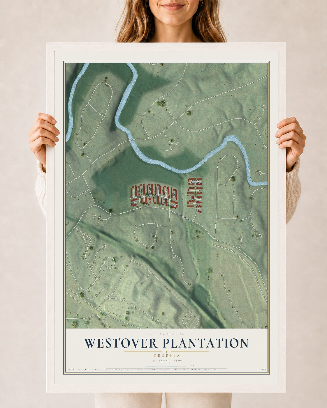 Westover Plantation, Georgia map print, 24" x 36" W/ White Ayous Wood Frame mockup