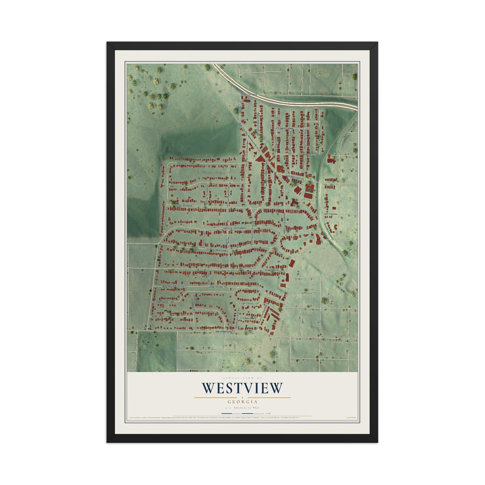 Westview, Georgia map print, 12" x 18" W/ Black Ayous Wood Frame mockup