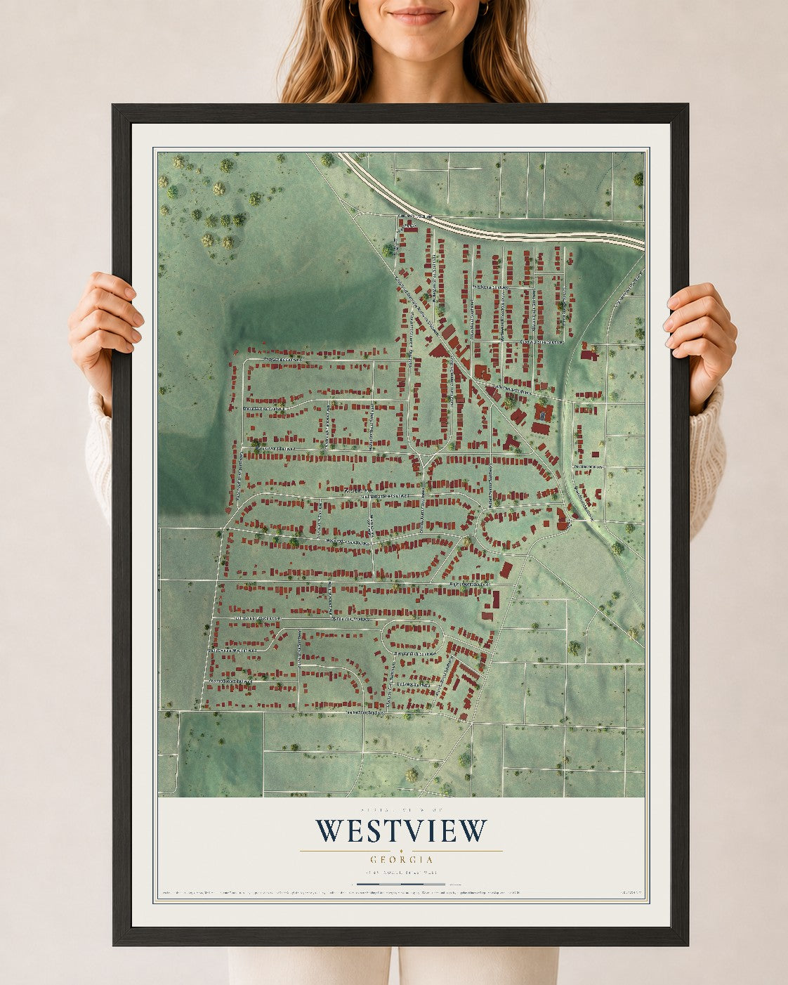 Westview, Georgia map print, 24" x 36" W/ Black Ayous Wood Frame mockup