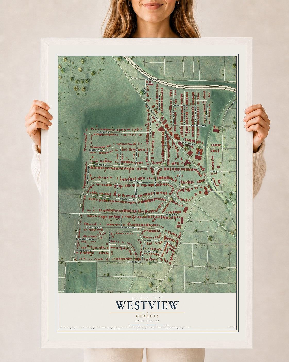 Westview, Georgia map print, 24" x 36" W/ White Ayous Wood Frame mockup
