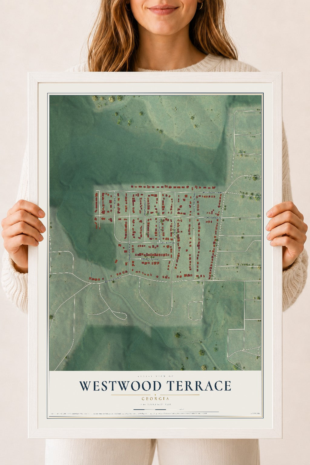Westwood Terrace, Georgia map print, 18" x 24" W/ White Ayous Wood Frame mockup